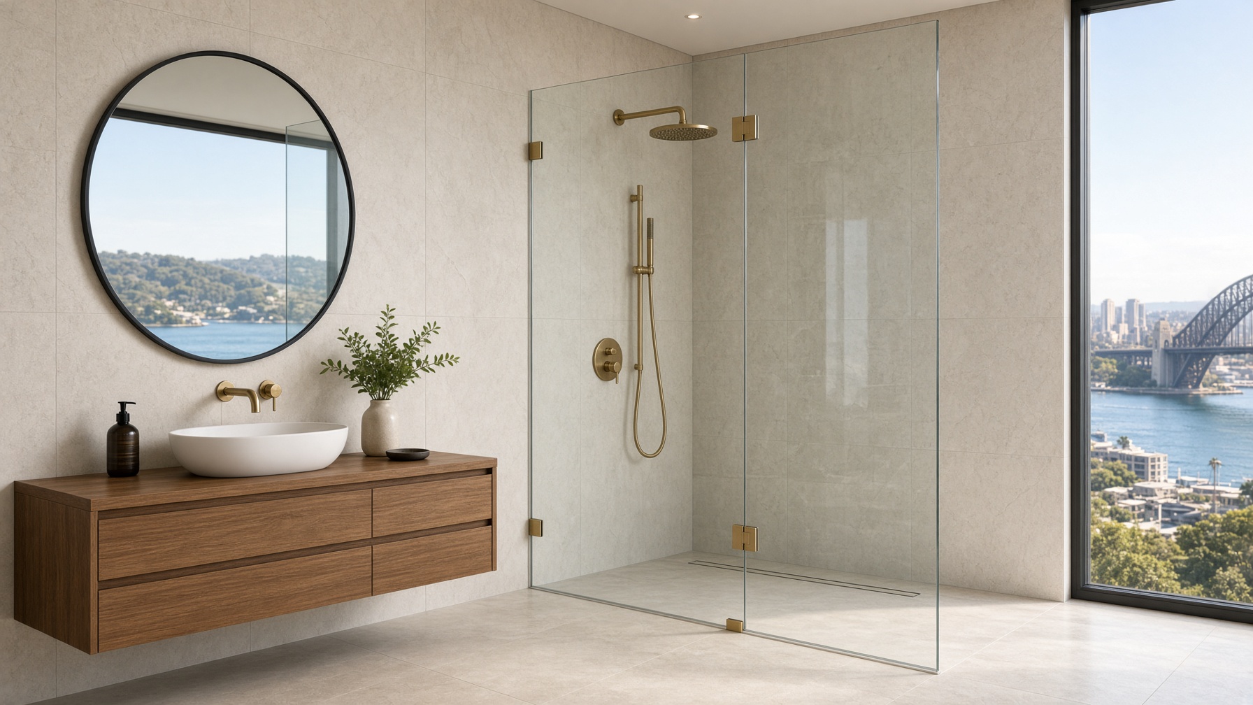 Frameless shower screen with brass hardware